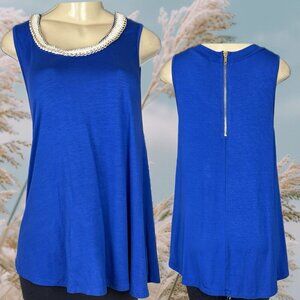 WDNY L Blue Crew Chain Weave Rope Neckline Zip Back Curved Hem Sleeveless Blouse